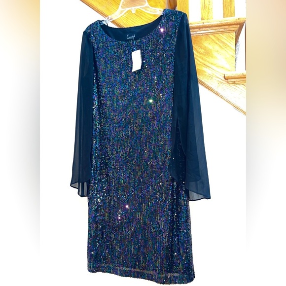 Women’s Formal Dress Navy CONNECTED APPAREL Chiffon Long Sleeves Sheath Sequins - Picture 8 of 9